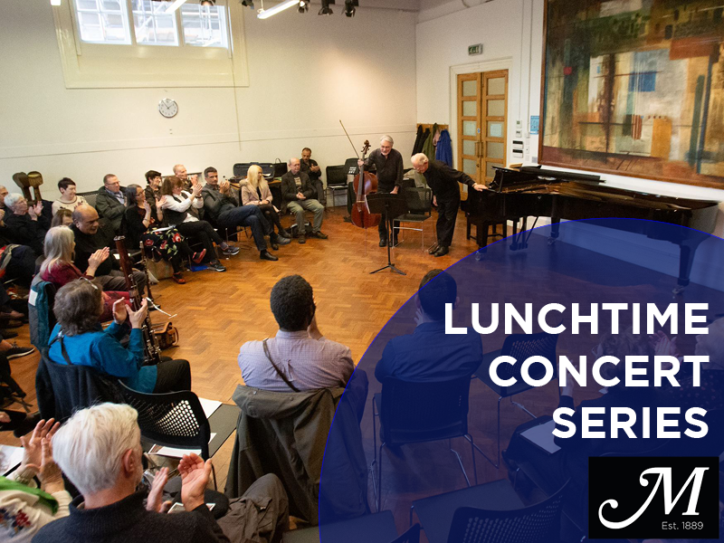 Audience watching the lunchtime concert, and an additional branding and watermark on the poster
